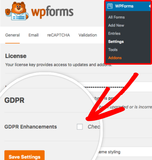 Check the GDPR enhancements box in WPForms Settings