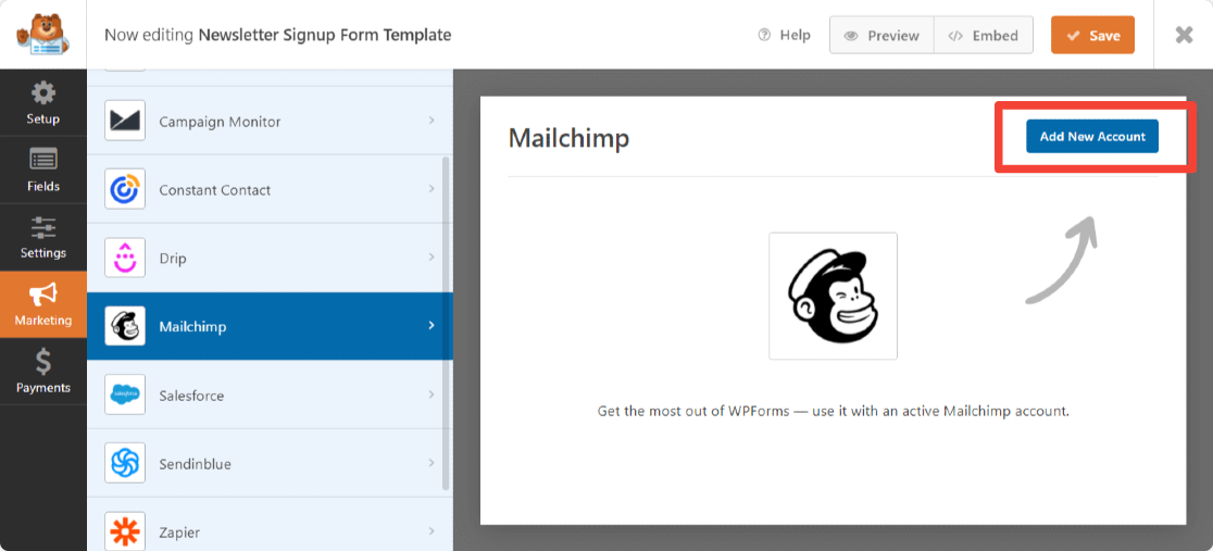 add new mailchimp account to create signup form