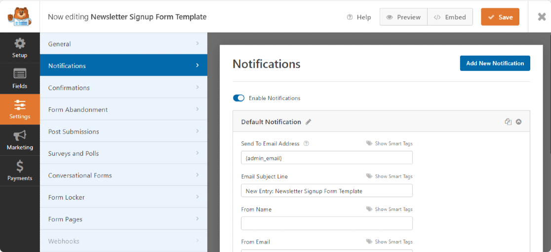 WPForms forms notification settings