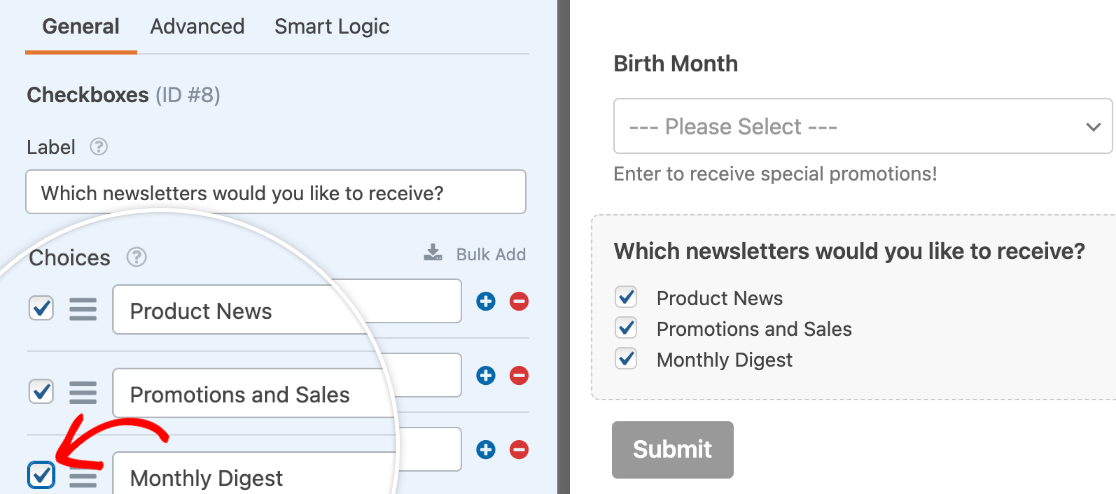 Selecting default choices for a Checkboxes field