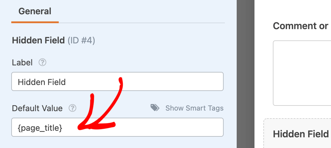 The {page_title} smart tag in the Default Value field
