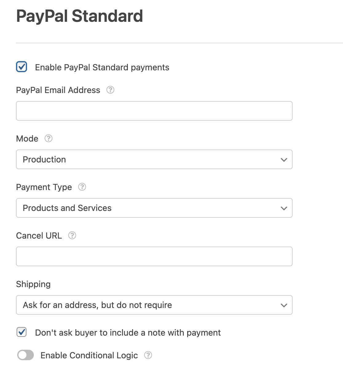 The PayPal Standard form connection settings