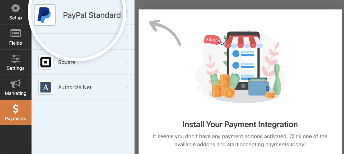 Enabling the PayPal Standard addon for an order form