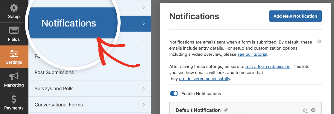 Opening the notifications settings in the form builder