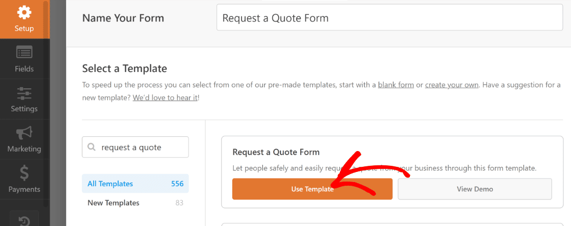 Use the request a quote form template