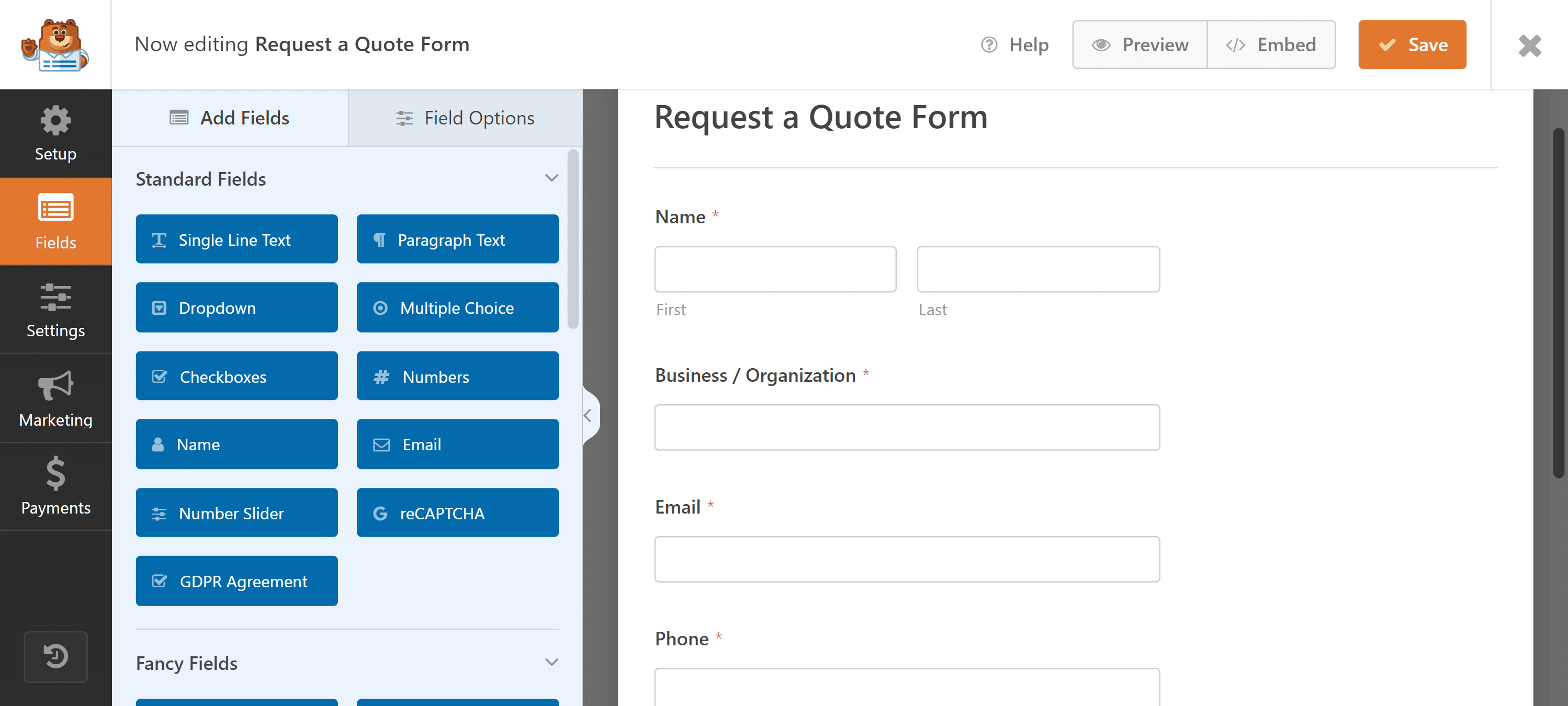 Request a quote form template loaded