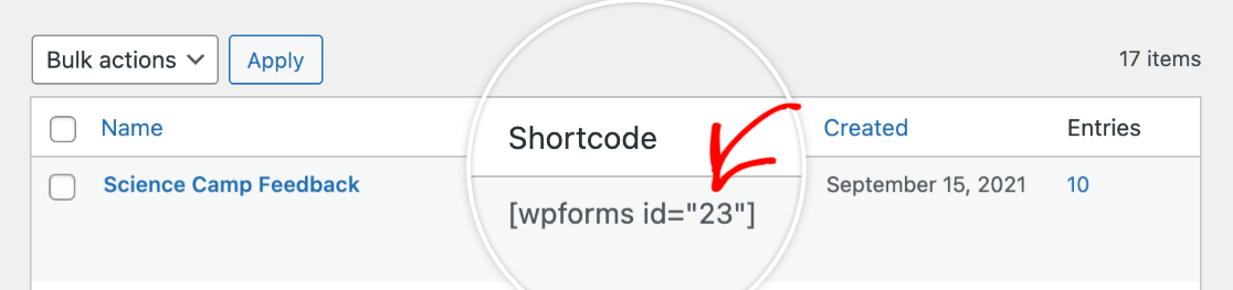 Viewing the form ID in the Shortcode column of the forms list