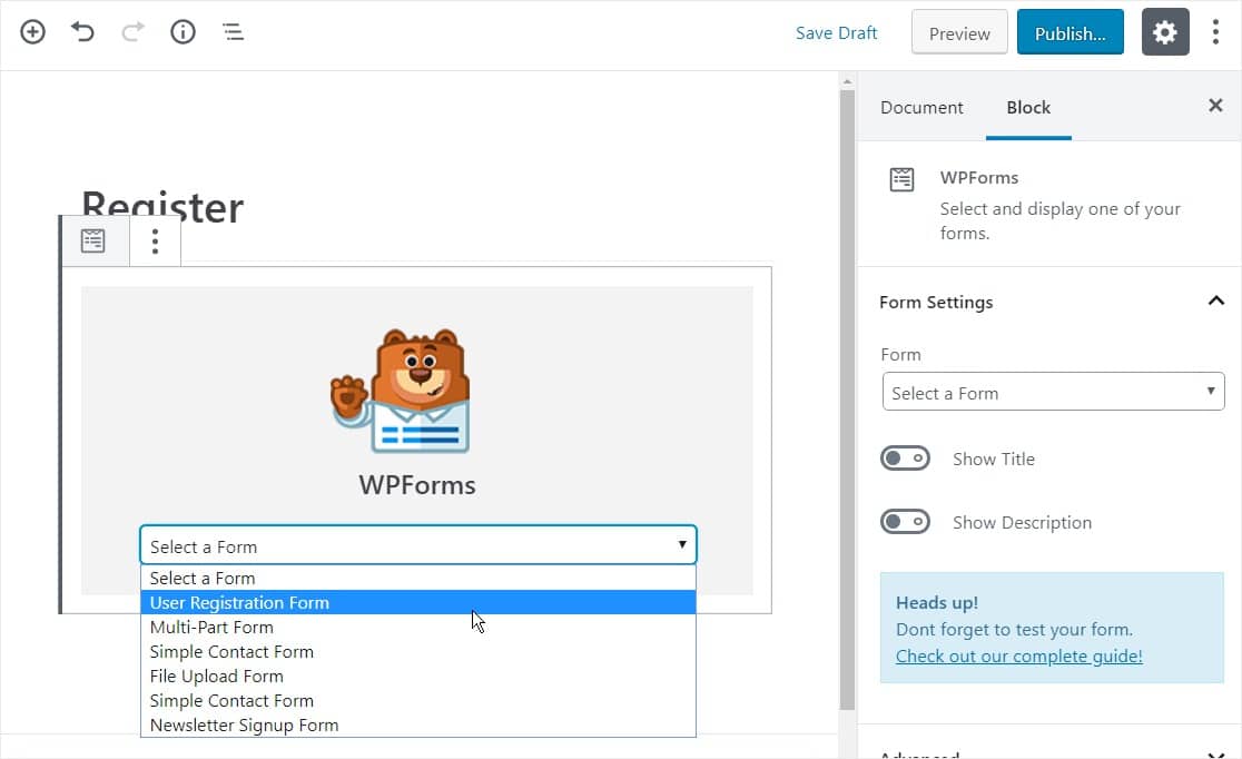 user registration form wpforms downdrop