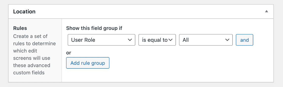 The location rule in Advanced Custom Fields