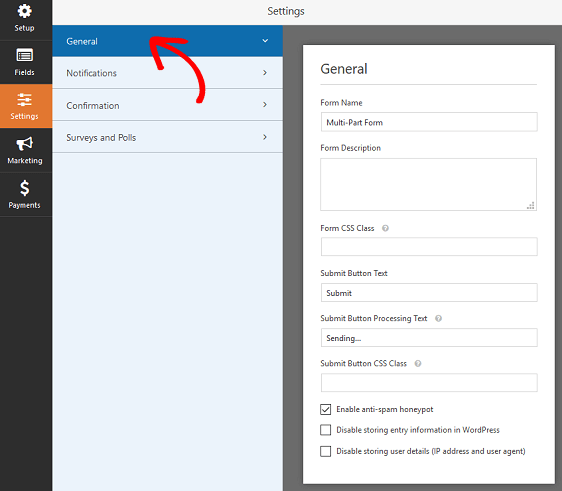 Multi-Part Form Settings