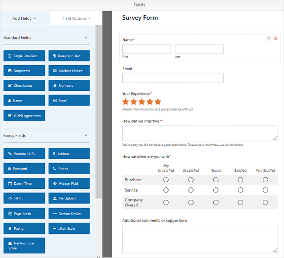 WPForms Survey Form settings