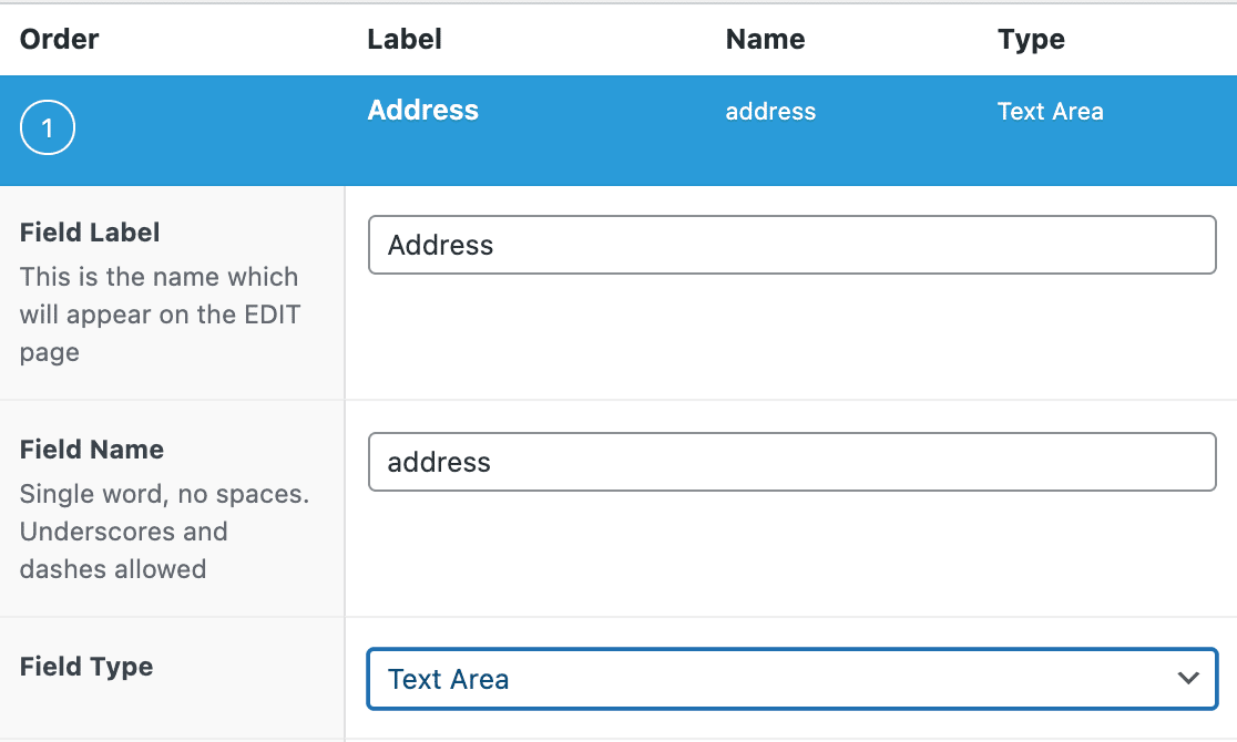 Field Label, Name, and Type for a new custom field