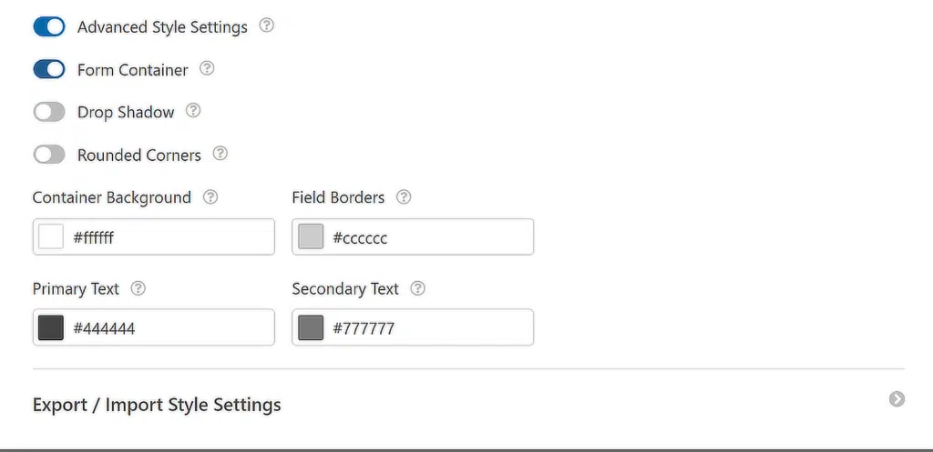 advanced style settings lead form