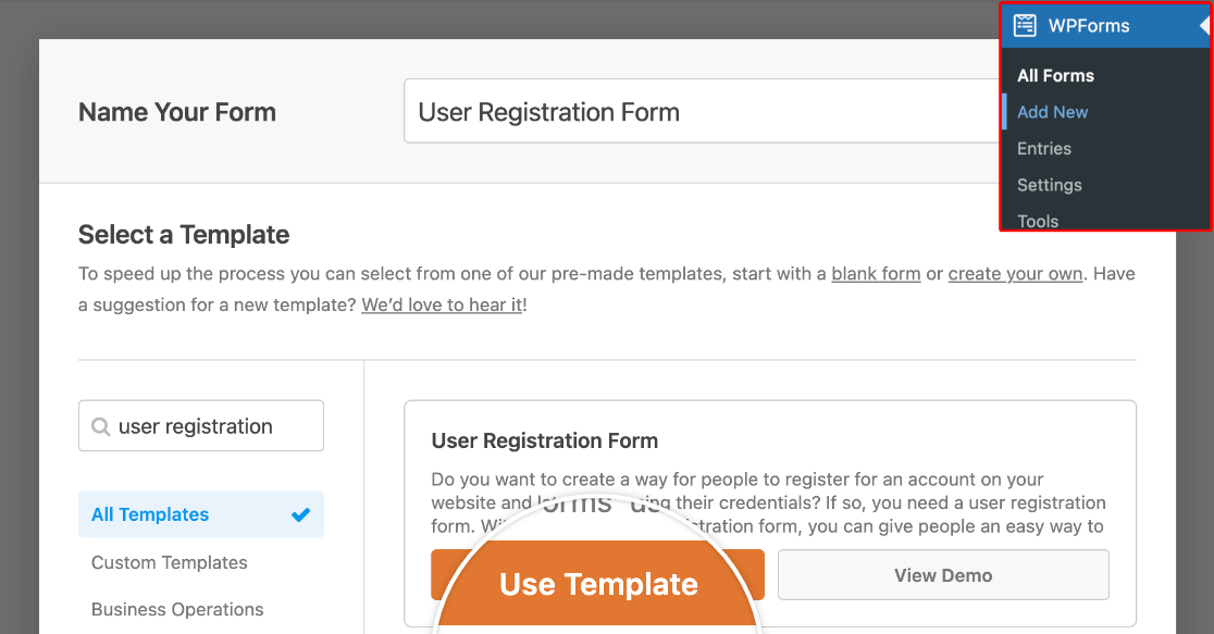 Selecting the User Registration Form template