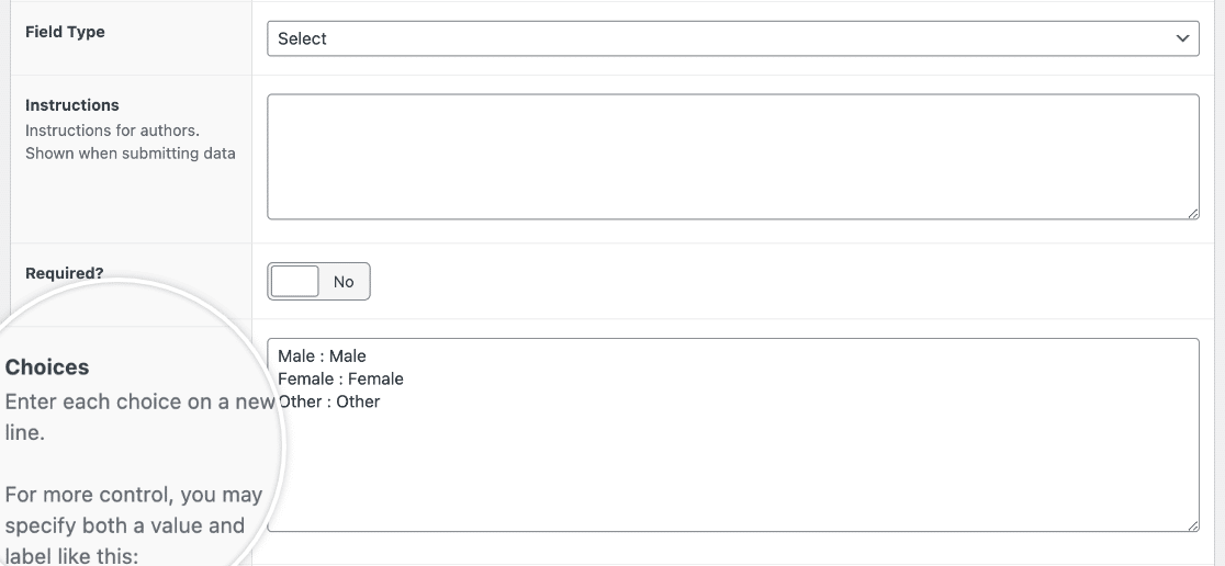 Adding choice to a Select field type in Advanced Custom Fields