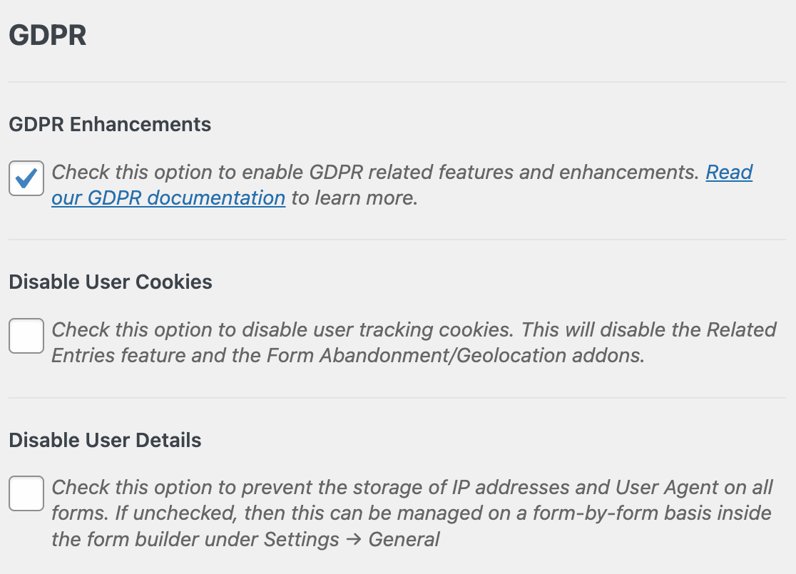 WPForms GDPR settings