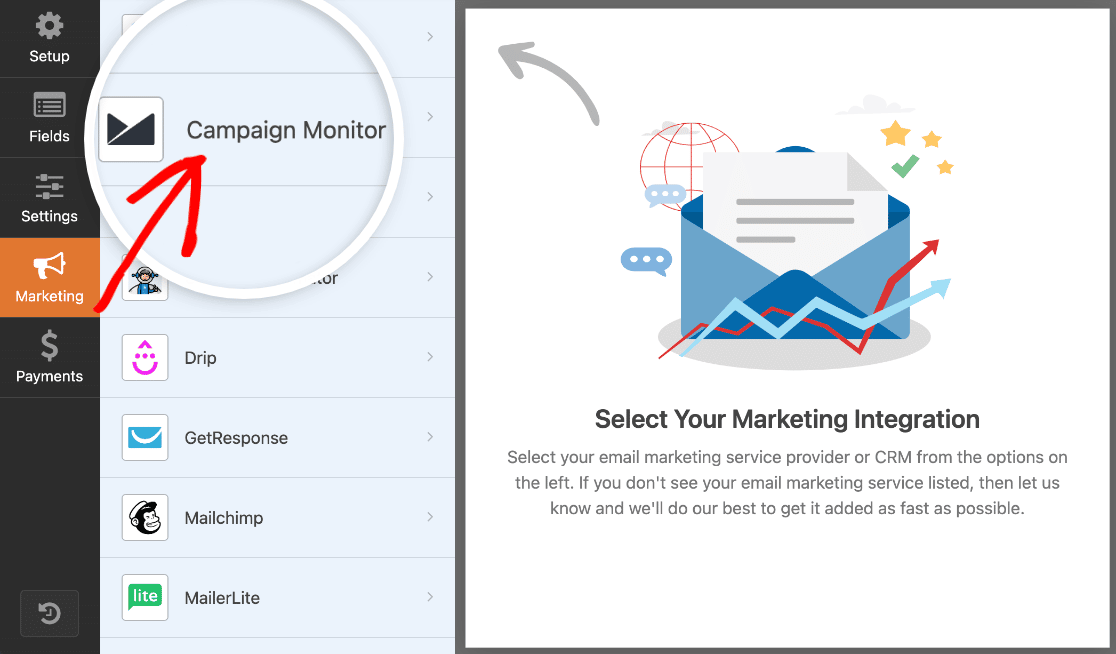 Opening the Campaign Monitor marketing settings in the form builder