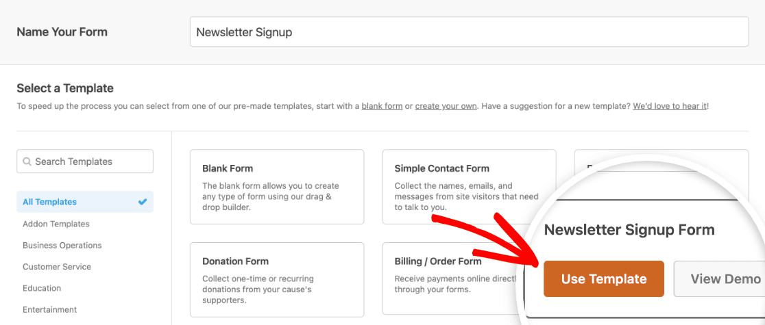 Choosing the Newsletter Signup Form template
