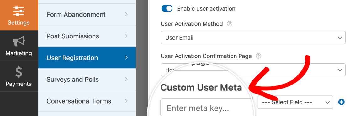 Accessing the Custom User Meta section of the User Registration settings in WPForms