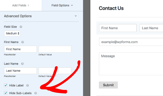 Add placeholder text for Name field and hide labels