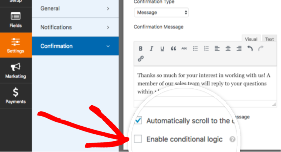 Enable conditional logic for the form confirmation