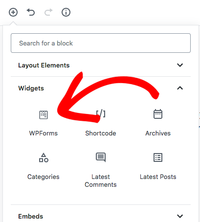 Select WPForms block in Gutenberg