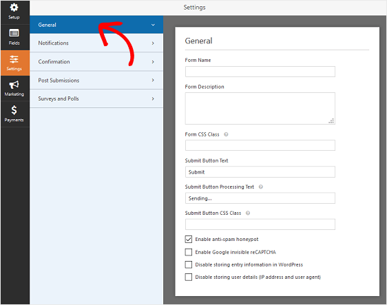 Wpforms Algemene instellingen