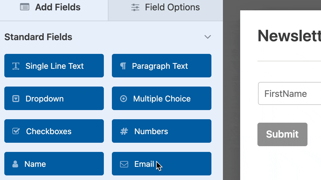 Adding an email field and opening its field options