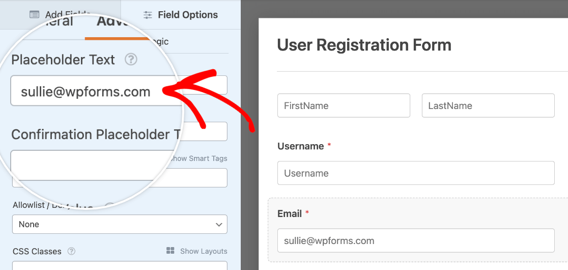 Adding placeholder text to an Email field