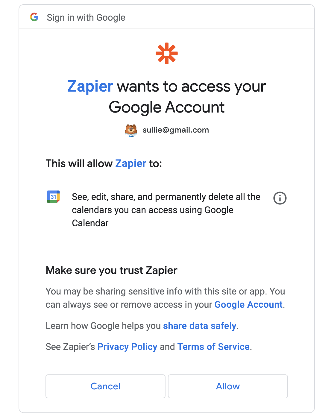 Allowing Zapier to access your Google Calendar