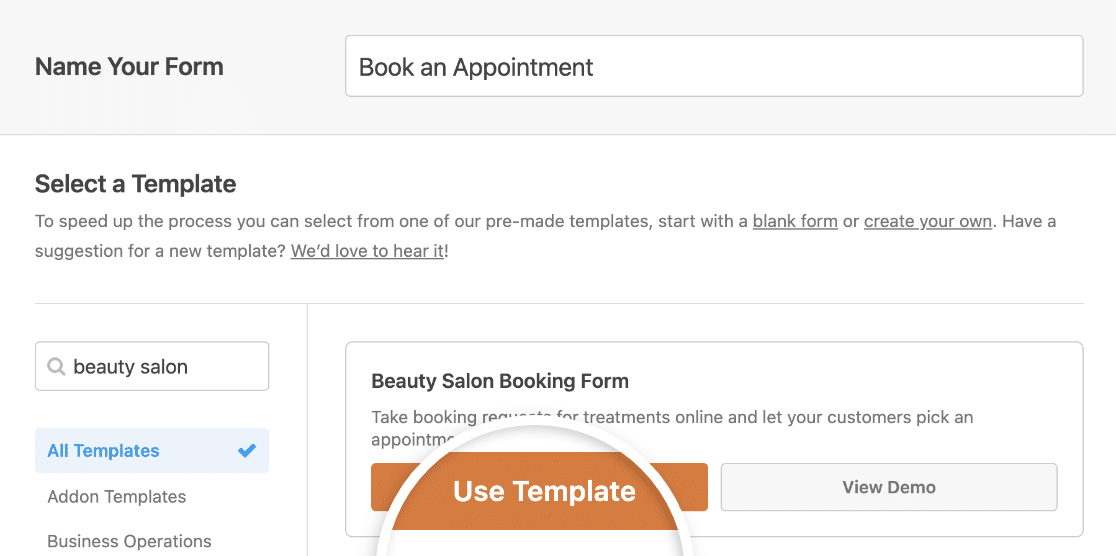 Selecting the Beauty Salon Booking Form template