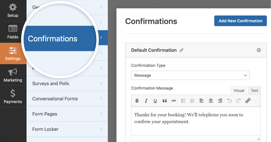 The WPForms confirmations settings in the form builder