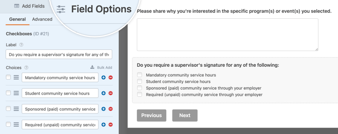 Customizing field options to use in a form template