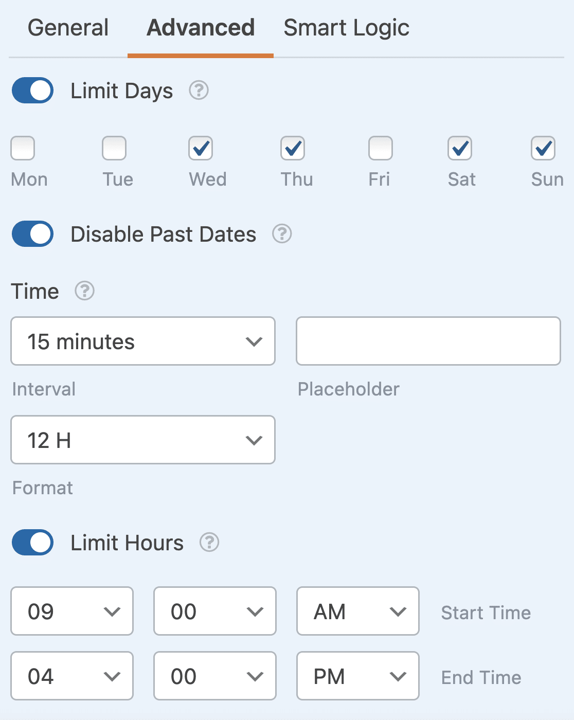 The advanced field options for the Date / Time field to limit availability