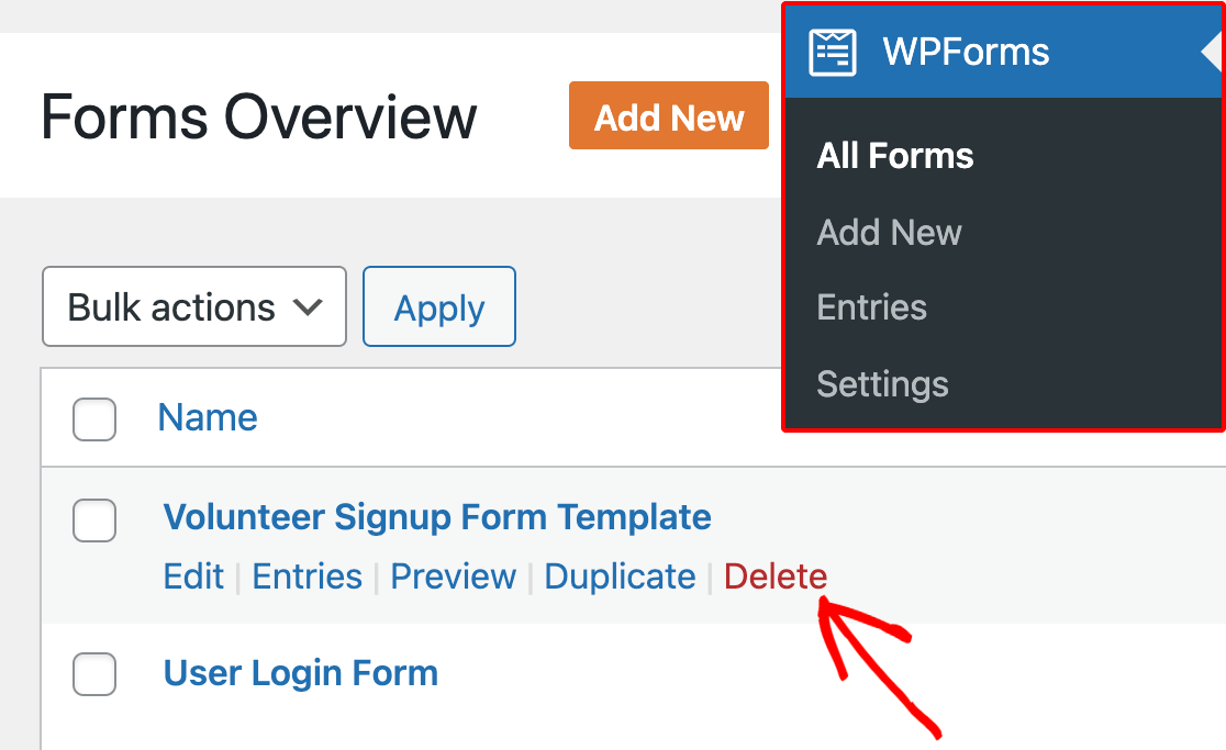 Deleting the original template form