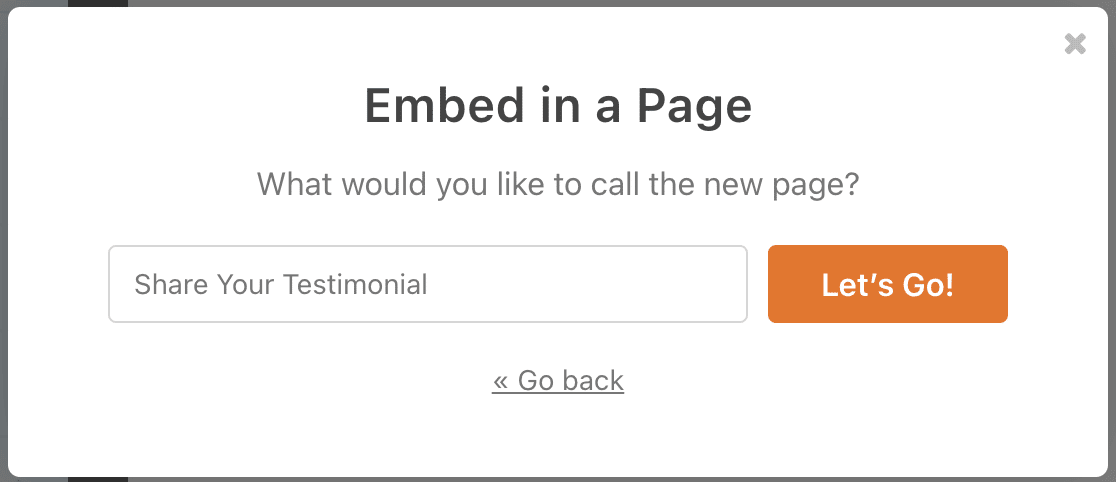 Creating a new page for a testimonial form using the Embed tool in WPForms