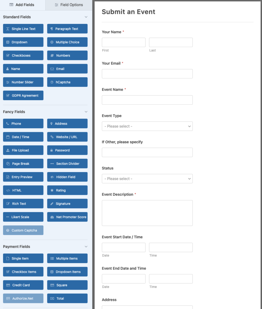 Event Planner Form Template - WPForms Modello di modulo per organizzatore di eventi