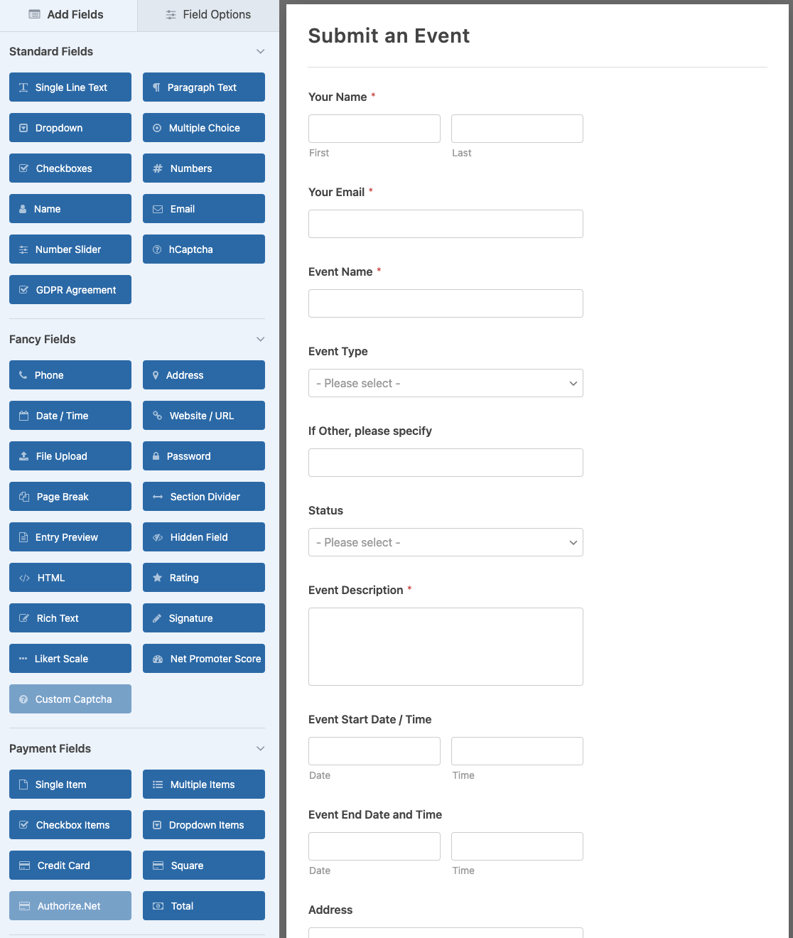 The Event Planner Form template