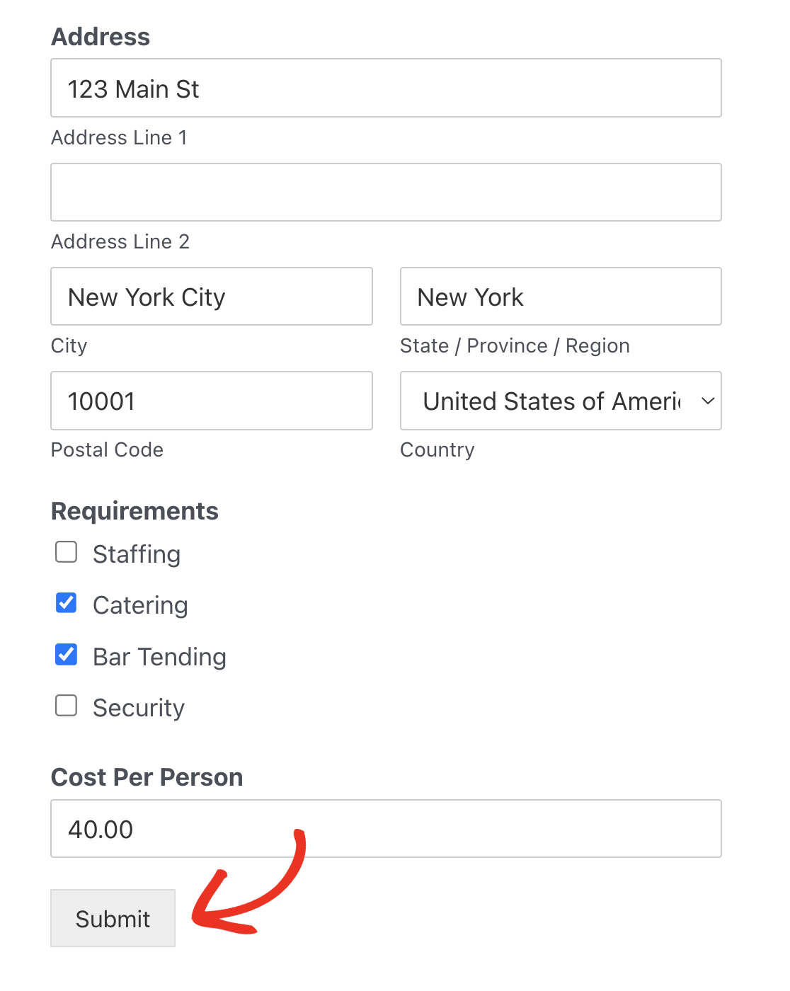 Submitting a test entry to your Event Planner form