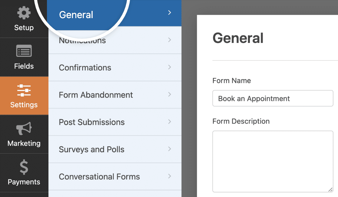 The WPForms general settings in the form builder