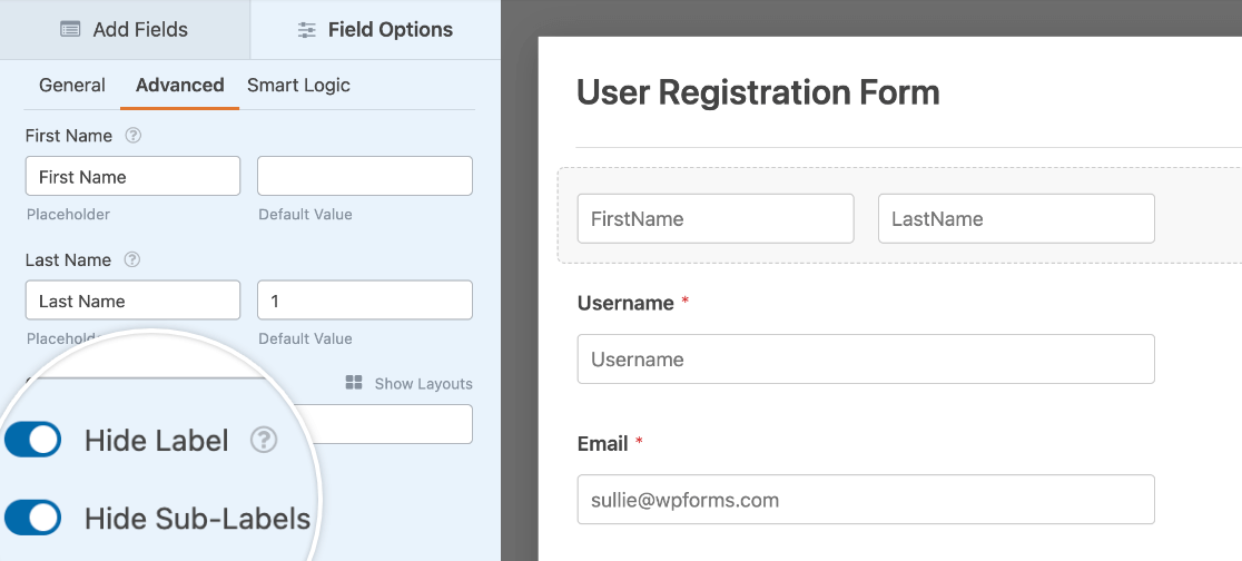 Hiding a Name field's label and sub-labels