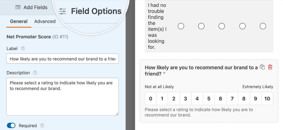 Editing the field options for a Net Promoter Score field