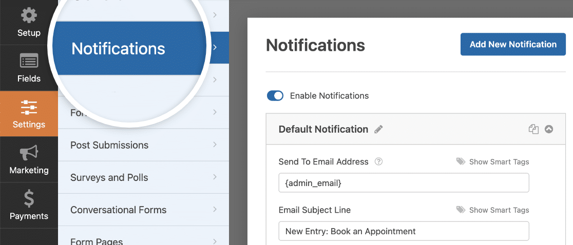 The WPForms notifications settings in the form builder