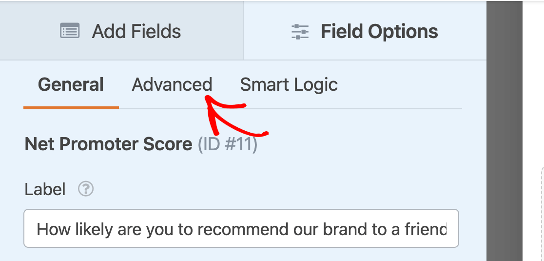 Opening the advanced field options for a NPS field