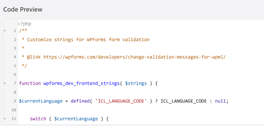 PHP code for validation translations