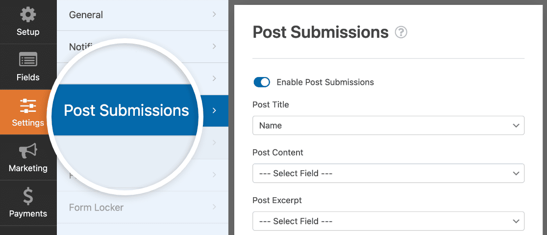 Opening the Post Submissions settings in the form builder