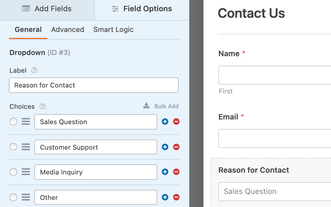 A Dropdown field labeled "Reason for Contact"