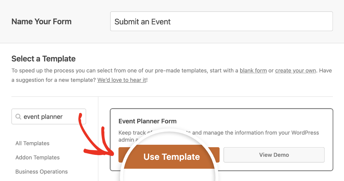 Selecting the Event Planner Form Template