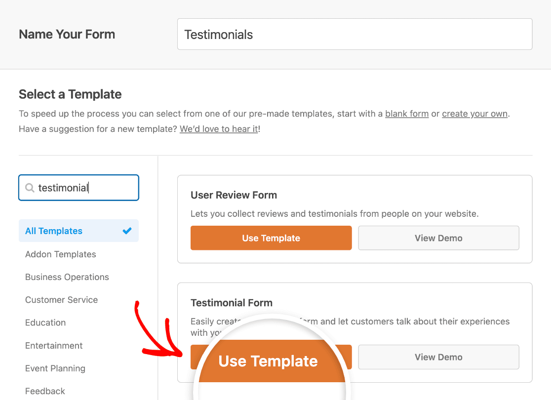 Selecting the Testimonial Form template