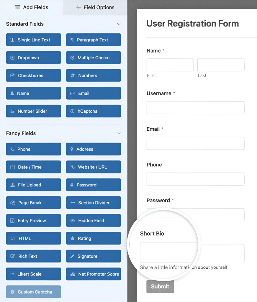 User registration form template